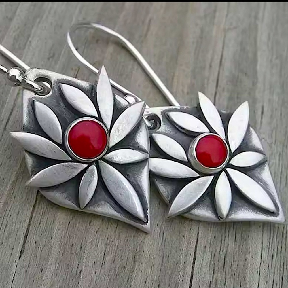Boho Flower Red Stone Silver Earrings Vintage Tribal